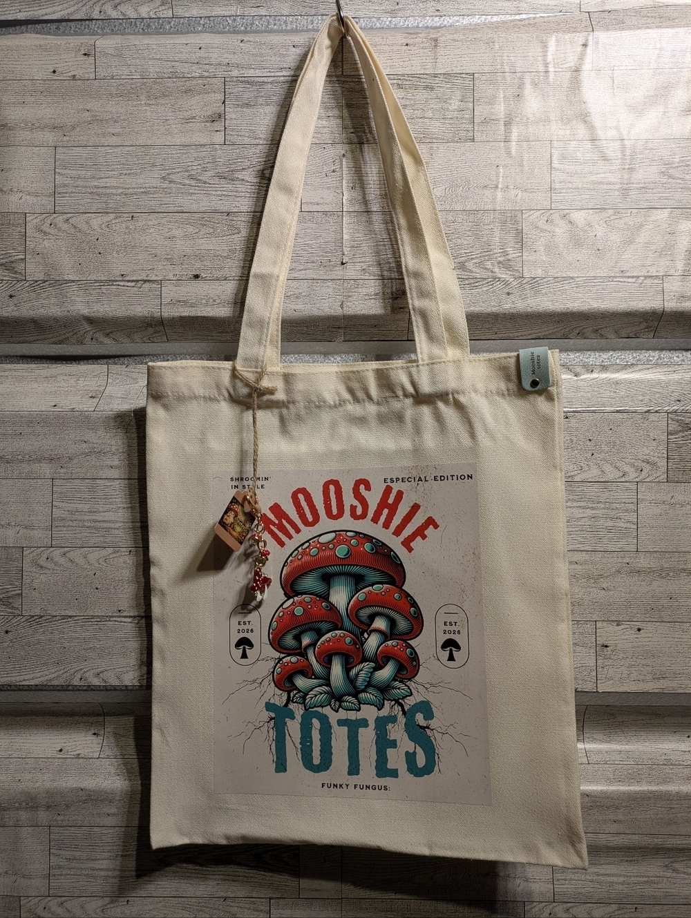 mooshie Totes Cream Graphic Canvas Tote Bag with Red & Teal Mushroom Print